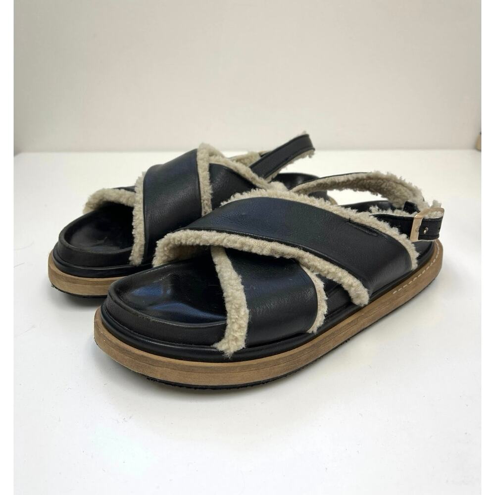 ALOHAS Marshmallow Black Leather Shearling Sling-Back Criss-Cross Sandal 39/US8